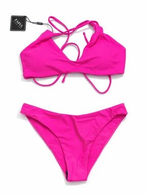 NWT Zaful Hot Pink Bikini Set Neon Tie Top Forever Young